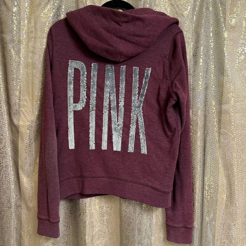PINK Victorias Secret Maroon Silver Logo Sequin Bling Hoodie Zip Sweater Medium